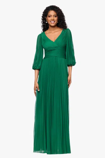 Betsy & Adam Petite "saraya" Sheer Matte Jersey 3/4 Sleeve V-neck Floor Length Dress In Green