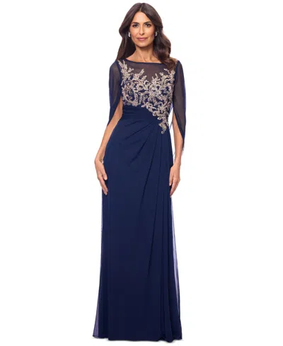 Betsy & Adam Petite Scoop-neck Cape-sleeve Embellished Gown In Navy,rose