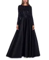 Betsy & Adam Petite Sequin-bodice Long-sleeve Ball Gown In Black