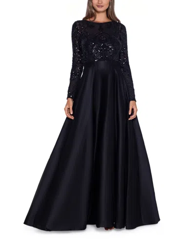 Betsy & Adam Petite Sequin-bodice Long-sleeve Ball Gown In Black