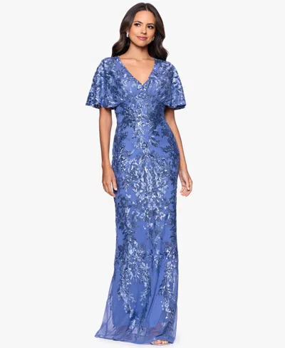 Betsy & Adam Petite Sequin Detail V-neck Long Sheath Dress In Blue