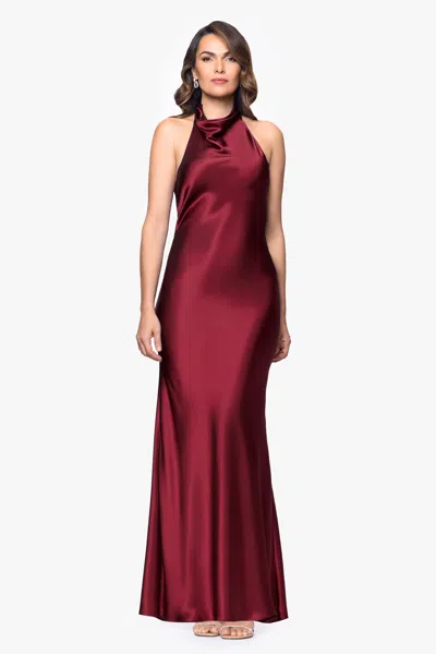 Betsy & Adam Petite "shannon" Halter Necktie Floor Length Dress In Burgundy