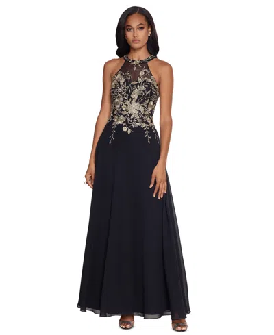 BETSY & ADAM PETITE SLEEVELESS FLORAL-APPLIQUE ILLUSION GOWN