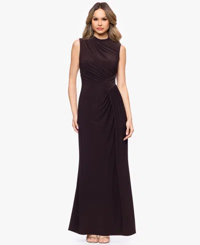 Betsy & Adam Petite Sleeveless Mock Neck Ball Gown In Brown