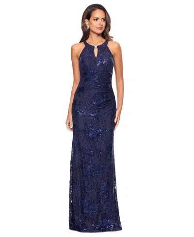 Betsy & Adam Petite Sleeveless Scoop-neck Sequin Lace Gown In Navy