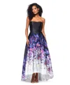 Betsy & Adam Petite Strapless High-low Ball Gown In Black Floral