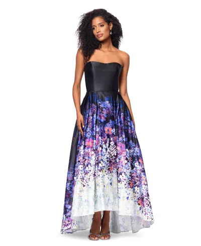 Betsy & Adam Petite Strapless High-low Ball Gown In Black Floral