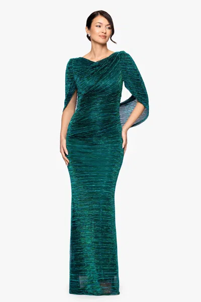 Betsy & Adam Petite "tamsin" Long Metallic Knit Long Sleeve Drape Dress In Green