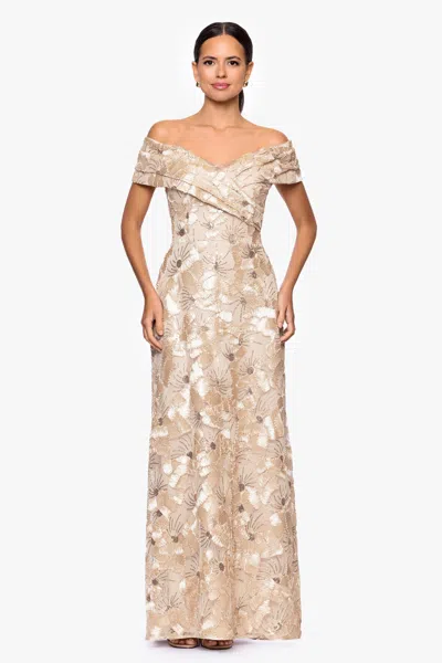 Betsy & Adam Petite "teyana" Soutache Sequin Off The Shoulder Floor Length Dress In Gold