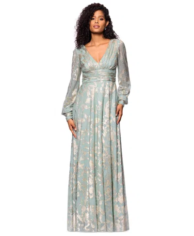 Betsy & Adam Metallic Jacquard Long Sleeve Gown In Gray