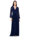 Betsy & Adam Petite V-neck Side-beaded Long-sleeve Gown In Navy