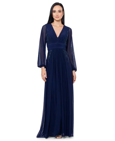 Betsy & Adam Petite V-neck Side-beaded Long-sleeve Gown In Navy