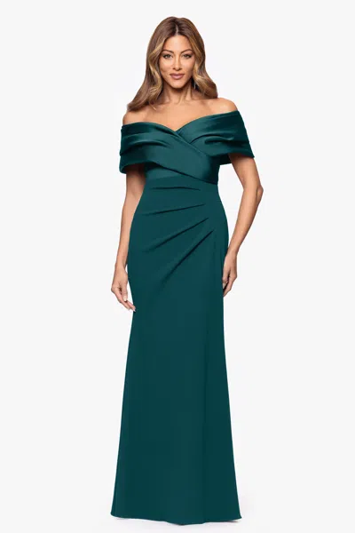 Betsy & Adam Petite "yasmeen" Long Off The Shoulder Scuba Crepe Gown In Green