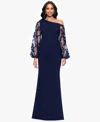 Betsy & Adam One Shoulder Sheer Embroidered Long Sleeve Sheath Gown