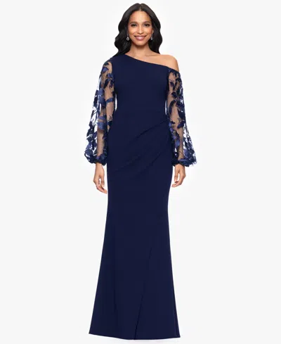 BETSY & ADAM PETITES SCUBA CREPE ASYMMETRICAL-NECK LONG DRESS