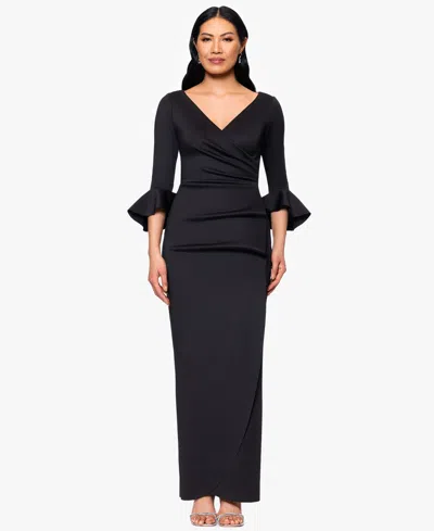 Betsy & Adam Petites V-neck Scuba Long Sheath Dress In Black