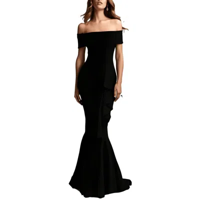 Betsy & Adam Petites Womens Cascade Ruffle Mermaid Evening Dress In Black