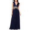 Betsy & Adam Petites Womens Full Length Embroidered Evening Dress In Blue