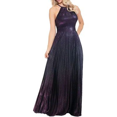 Betsy & Adam Petite Metallic Halter Pleated Gown In Navy Silver