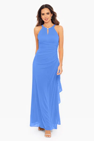 Betsy & Adam "petra" Sheer Matte Jersey Key Hole Long Dress In Blue