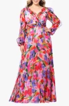Betsy & Adam Plus Size Printed Pleated Long-sleeve Gown In Pink Multi