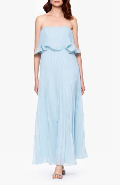 Betsy & Adam Pleated Strapless Chiffon Gown In Aqua