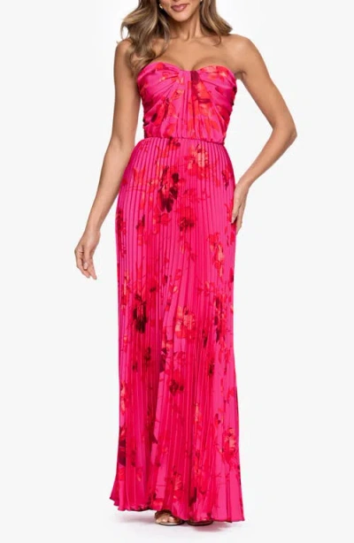 Betsy & Adam Pleated Strapless Gown In Pink