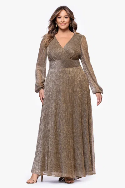 Betsy & Adam Plus "alexa" Long Sleeve Metallic Knit Dress In Brown