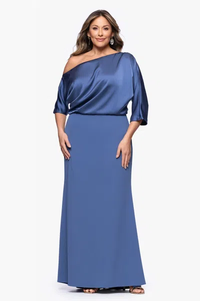 Betsy & Adam Plus "ana" Scuba Crepe Satin Drop Shoulder Floor Length Dress In Blue