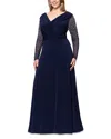 Betsy & Adam Plus Size V-neck Beaded Long A-line Dress