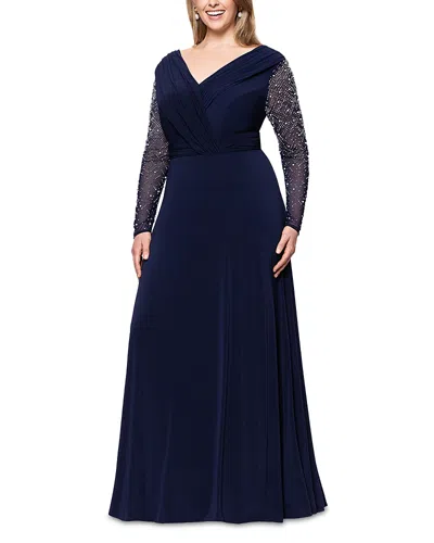 BETSY & ADAM PLUS BEADED SLEEVE V NECK GOWN