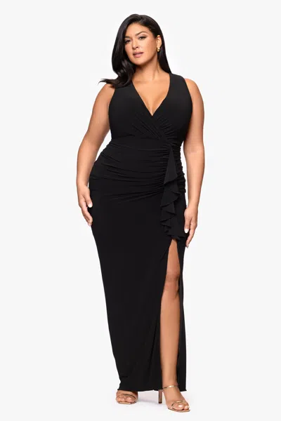 Betsy & Adam Plus "bobbi" Long Ruffled V-neck Gown In Black