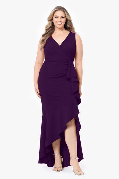 Betsy & Adam Plus "candace" Long V- Neck Hi Low Cascade Dress In Blue