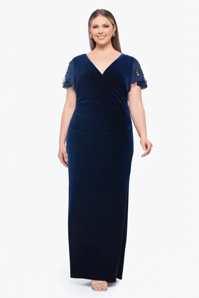 Betsy & Adam Plus "carolina" Long Velvet V-neck Sequin Sleeve Dress In Blue