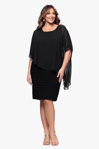 Betsy & Adam Plus "charlotte" Short Chiffon Cape Scuba Crepe Shutter Dress In Black