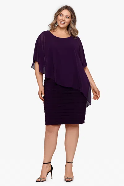 Betsy & Adam Plus "charlotte" Short Chiffon Cape Scuba Crepe Shutter Dress In Purple