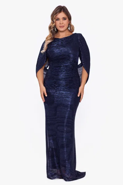 Betsy & Adam Plus "elaine" Metallic Crinkle Long Dress In Black