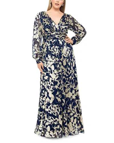 Betsy & Adam Plus Foil Printed Mesh Gown In Multi