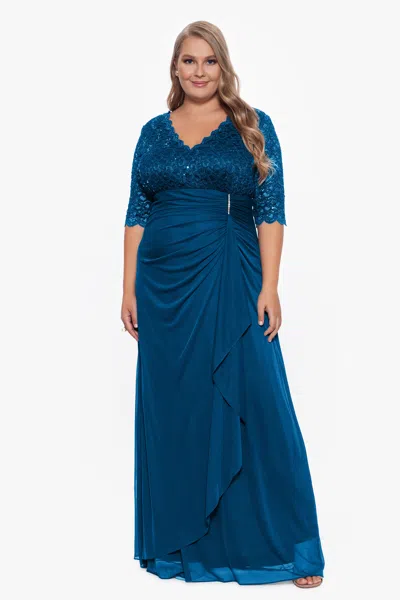 Betsy & Adam Plus "johanna" 3/4 Sleeve Sheer Matte Jersey Long Dress In Blue