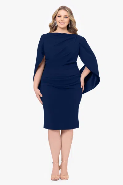 Betsy & Adam Plus "jordan" Short Scuba Crepe Drape Back Dress In Blue