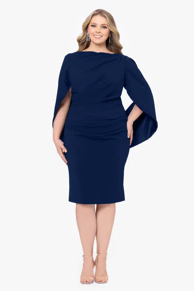 Betsy & Adam Plus "jordan" Short Scuba Crepe Drape Back Dress In Blue
