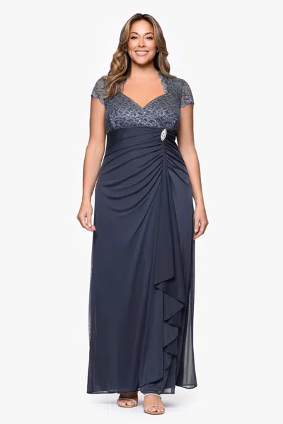 Betsy & Adam Plus "kim" Sheer Matte Jersey Lace Cap Sleeve Dress In Purple