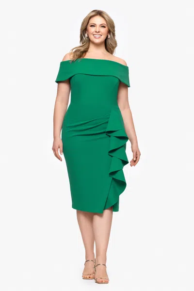 Betsy & Adam "kourtney" Scuba Crepe Off The Shoulder Ruffle Midi Dress In Green