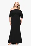 Betsy & Adam Plus "madeline" Long Scuba Crepe Off The Shoulder Drop Dress In Black