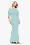 Betsy & Adam Plus "madeline" Long Scuba Crepe Off The Shoulder Drop Dress In Blue