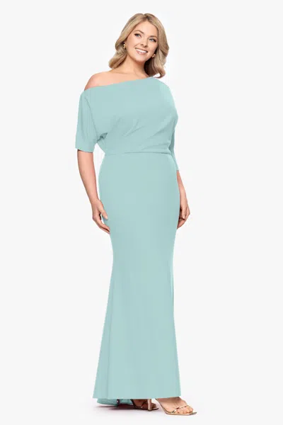 Betsy & Adam Plus "madeline" Long Scuba Crepe Off The Shoulder Drop Dress In Blue