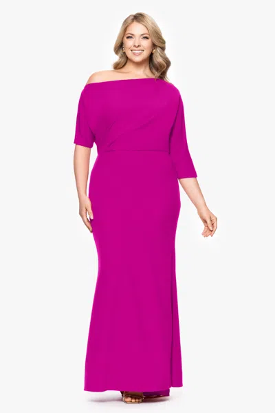 Betsy & Adam Plus "madeline" Long Scuba Crepe Off The Shoulder Drop Dress In Purple