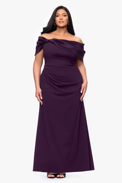 Betsy & Adam Plus Size Ruched Off-the-shoulder Ball Gown In Purple