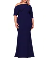 Betsy & Adam Plus One Shoulder Gown In Blue
