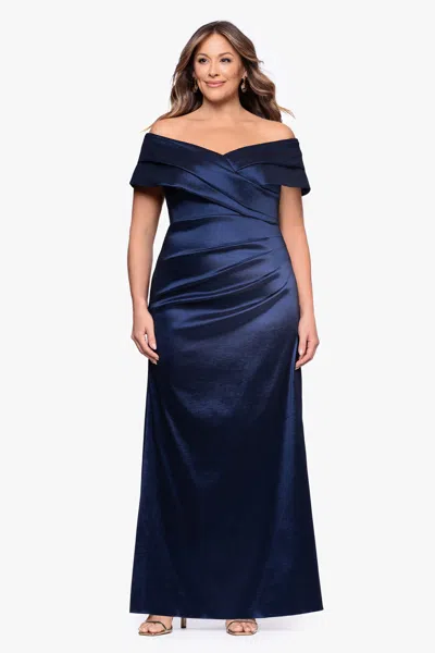 Betsy & Adam Plus "raquel" Taffeta Off The Shoulder Floor Length Dress In Blue